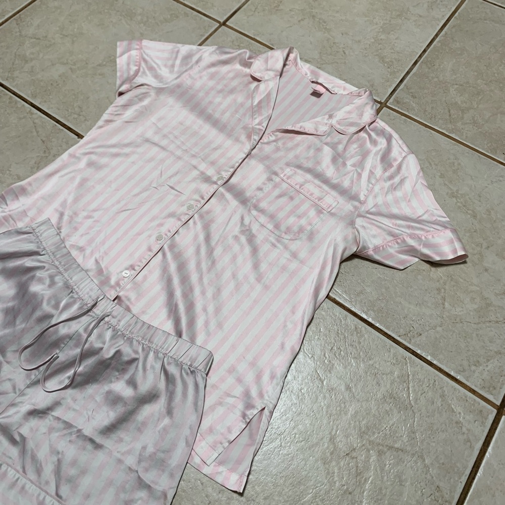 Victoria's Secret Silk Satin Pajama Set Lg Pink Silver Stripe